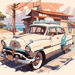 AI generated image of a white vintage classic car. Car on the beach. Vector illustration.