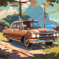 AI generated image of a brown vintage classic car. Car on the road. Vector illustration.