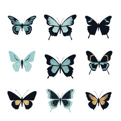 Blue and Black Butterfly Set of Butterfly silhouette isolate png.