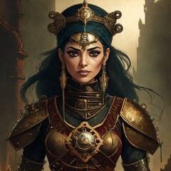 steampunk female warrior with dark gritty background and gothic theme, Indian style 29847