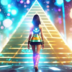 female warrior walking up to pyramid in futuristic setting with glamorous lighting and colors 6065