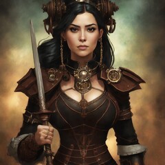 steampunk warrior woman with dark gritty background and gothic theme, Victorian style 3169