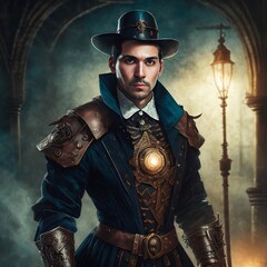steampunk warrior with dark gritty background and gothic theme, Victorian style 89502
