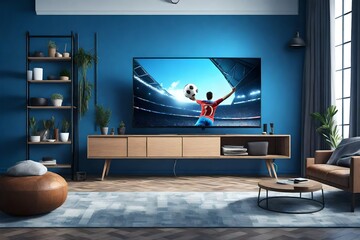 3D ,illustration, of a living room led tv on blue wall, showing soccer game