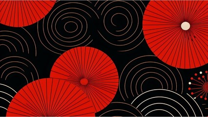geometric shapes drawn in red and white against a black background. Circular shapes and radial lines combine to give a dynamic impression.