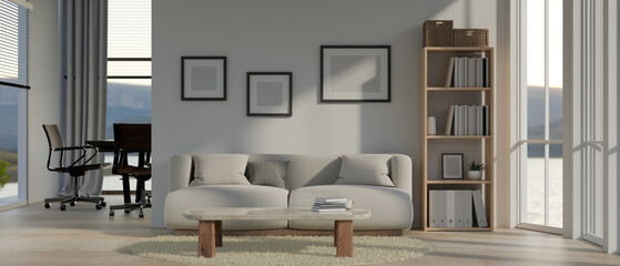 Interior design of a modern Scandinavian living room with a cosy couch, a coffee table on a carpet.