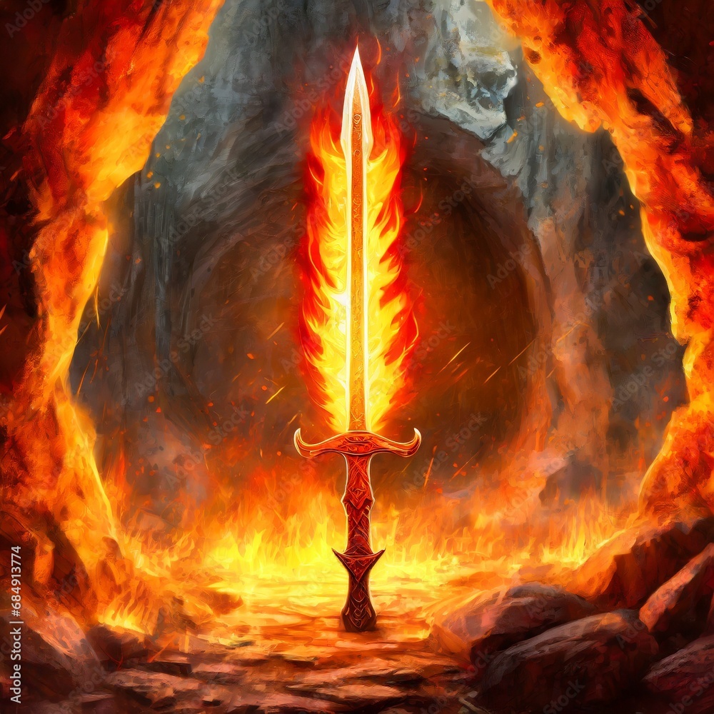 Wall mural animated sword of the fire in the cave; pagan festival vector for icon or app or item concept