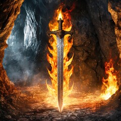 animated sword of the fire in the cave; pagan festival concept and scary evil ritual 1499 for icon, item, concept or app