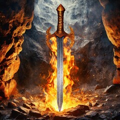 animated sword of the fire in the cave; pagan festival concept and scary evil ritual. vector for app or icon concept