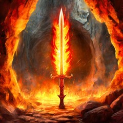 animated sword of the fire in the cave; pagan festival vector for icon or app or item concept