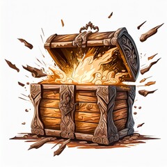 loot chest exploding open, isolated, white background 1499 wooden theme yellow contrast