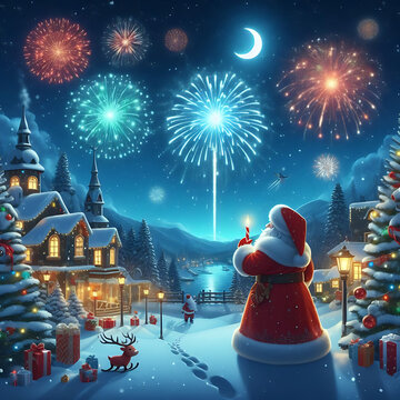 Christmas image night sky with fireworks and Santa Claus