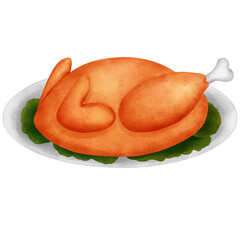 Watercolor thanksgiving roasted turkey clipart.Holiday food.
