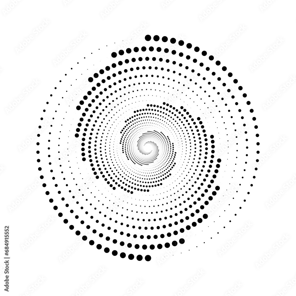 Wall mural dotted spiral lines element. radial spinning halftone texture. circle swirl dots shape. abstract geo