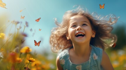 Child's face smiling happily among the meadows and the clear sky.