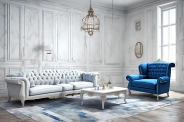 3D view, staderd kitch of old time, L-Shape luxury sofa's of white color, background of white and blue, PC hotel,