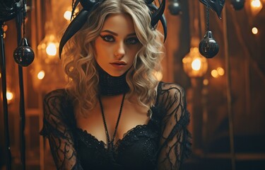 Gorgeous woman with full lips Devil costume with horns; witch fairy dressed in black and sporting horns..