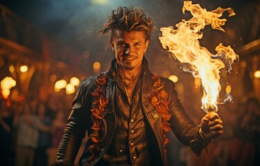 Circus Fire Breather Flame Show. Big Flame Plume.