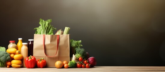 Fresh and Organic Vegetables Delivered to Your Online grocery shopping and home delivery concept with empty space incorporating a grocery app and filled bag of goods with copyspace for text