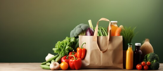 Fresh and Organic Vegetables Delivered to Your Online grocery shopping and home delivery concept with empty space incorporating a grocery app and filled bag of goods with copyspace for text