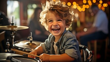 Youngster having fun while he plays real drums. - obrazy, fototapety, plakaty