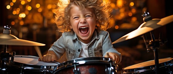 Youngster having fun while he plays real drums. - obrazy, fototapety, plakaty