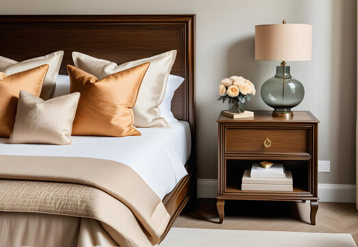 Wooden Bedside Cabinet Near Bed With Beige Bedding. French Country Interior Design Of Modern Bedroom