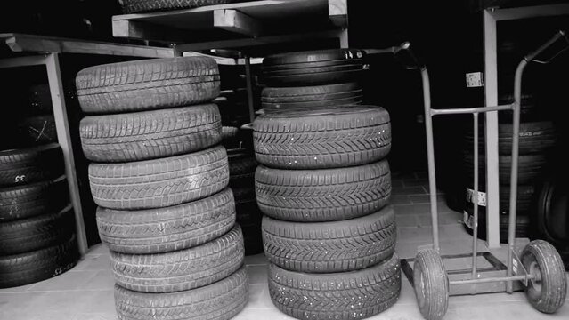 old car tyres in a garage no people stock image stock photo