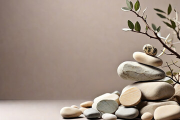 Serene beauty backdrop stones & branches Ideal for natural product branding Front perspective mockup 