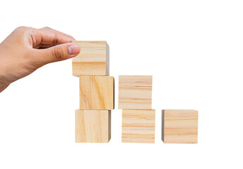 Place wooden cube blocks as a step towards the goal. Isolated on white background. Business ideas for successful growth process.PNG