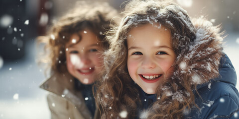 Happy kids smile and enjoy taking photo in winter snowy day  ,Winter and Christmas time concept