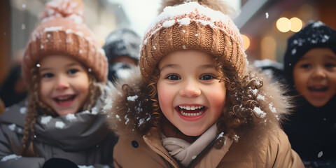 Happy kids smile and enjoy taking photo in winter snowy day  ,Winter and Christmas time concept
