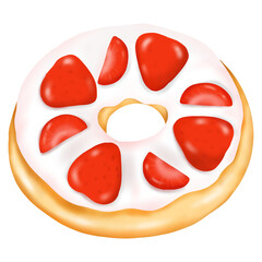 White glazed donuts decorated with strawberries