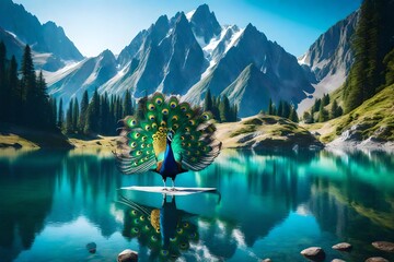 lake in the mountains with a peacock - obrazy, fototapety, plakaty