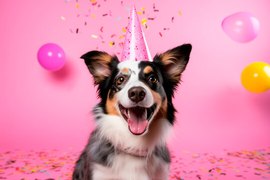 lindo perro con gorro de fiesta celebrando cumpleaños