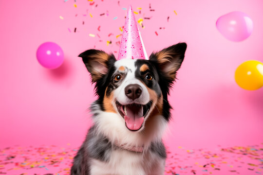lindo perro con gorro de fiesta celebrando cumplea&ntilde;os