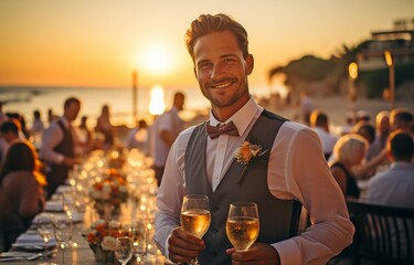 At dusk, a formal-dressed waiter offers champagne on the beach..
