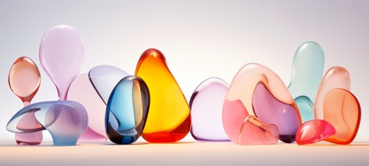 Many pastel multicolored abstract glass stones in different shapes. Banner