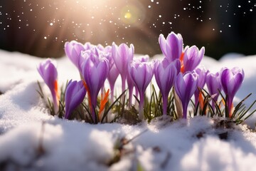 Purple spring crocus flowers growth in the snow
