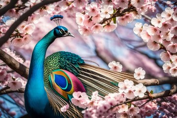 peacock with feathers in white flowers trees garden