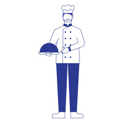 Outline Illustration of Faceless Male Chef Character Serving a Food. Vector Design