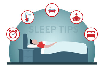 Infographic showing tips for a restful sleep at night with positive pointers on the top of a young man in bed, colored vector illustration