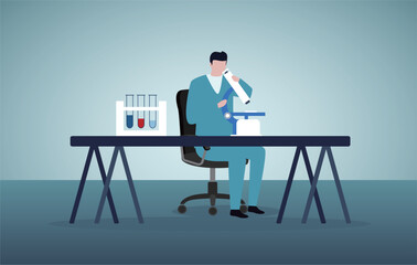 Scientist Working on Creation Innovative Drug Formula. Experimental study.Flat Cartoon People Characters and Lab Equipment.  Vector Research Laboratory illustration.