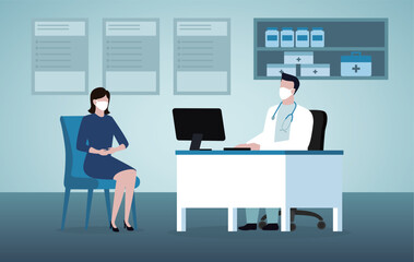 Doctor and patient meeting in the office, they are wearing face masks and talking, hospital clinic. - obrazy, fototapety, plakaty