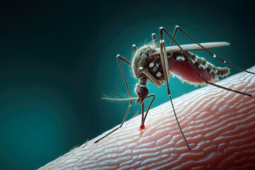 Mosquito sucking blood. Aedes Aegypti Mosquito on human skin.Mosquito vector borne disease is carrier of Malaria, Zica Virus, Chikungunya, Dengue,Yellow Fever,Encephalitis and Mayaro Fever