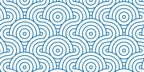 Fototapeta na wymiar Modern geometric ocean spiral pattern and abstract circle wave lines. blue seamless tile stripe geomatics overlapping create retro square line backdrop pattern background. Overlapping Pattern.