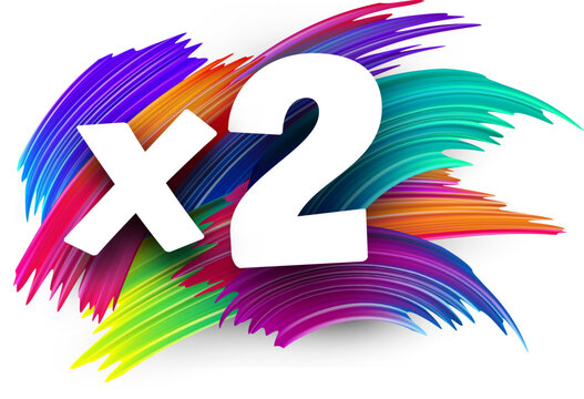 x2 paper word sign with colorful spectrum paint brush strokes over white.