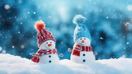 Little knitted snowman on the white snow on blue background. winter seaason