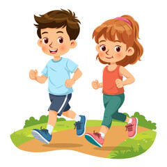 Cute boy and girl jogging together in an urban park