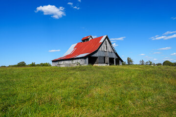 Fototapeta na wymiar Old red roofed wooden barn in a green grass field